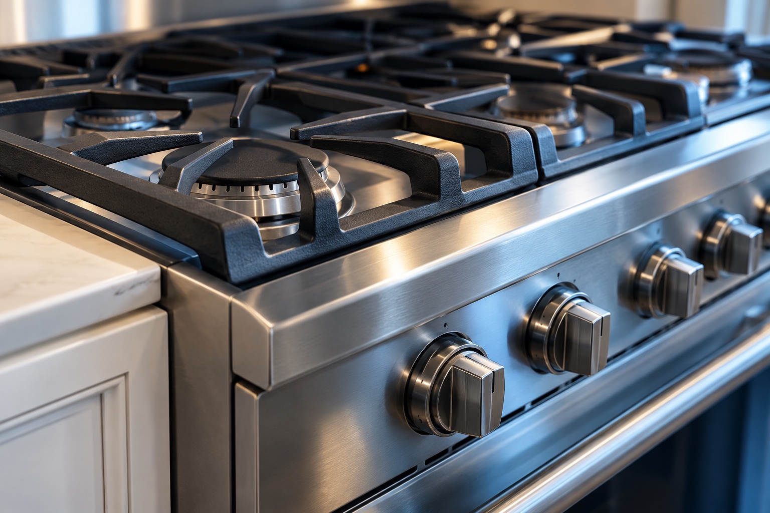 Illustrative close detail of an unbranded stainless steel range